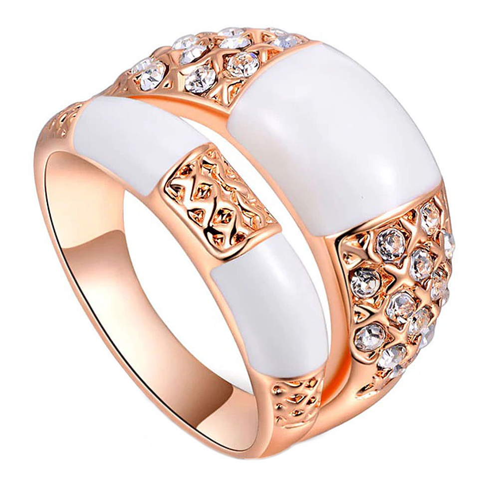 Rozé arany bevonatú divat gyűrű cirkónia kristályokkal és fehér műgyantás díszítéssel (0061004AE96)