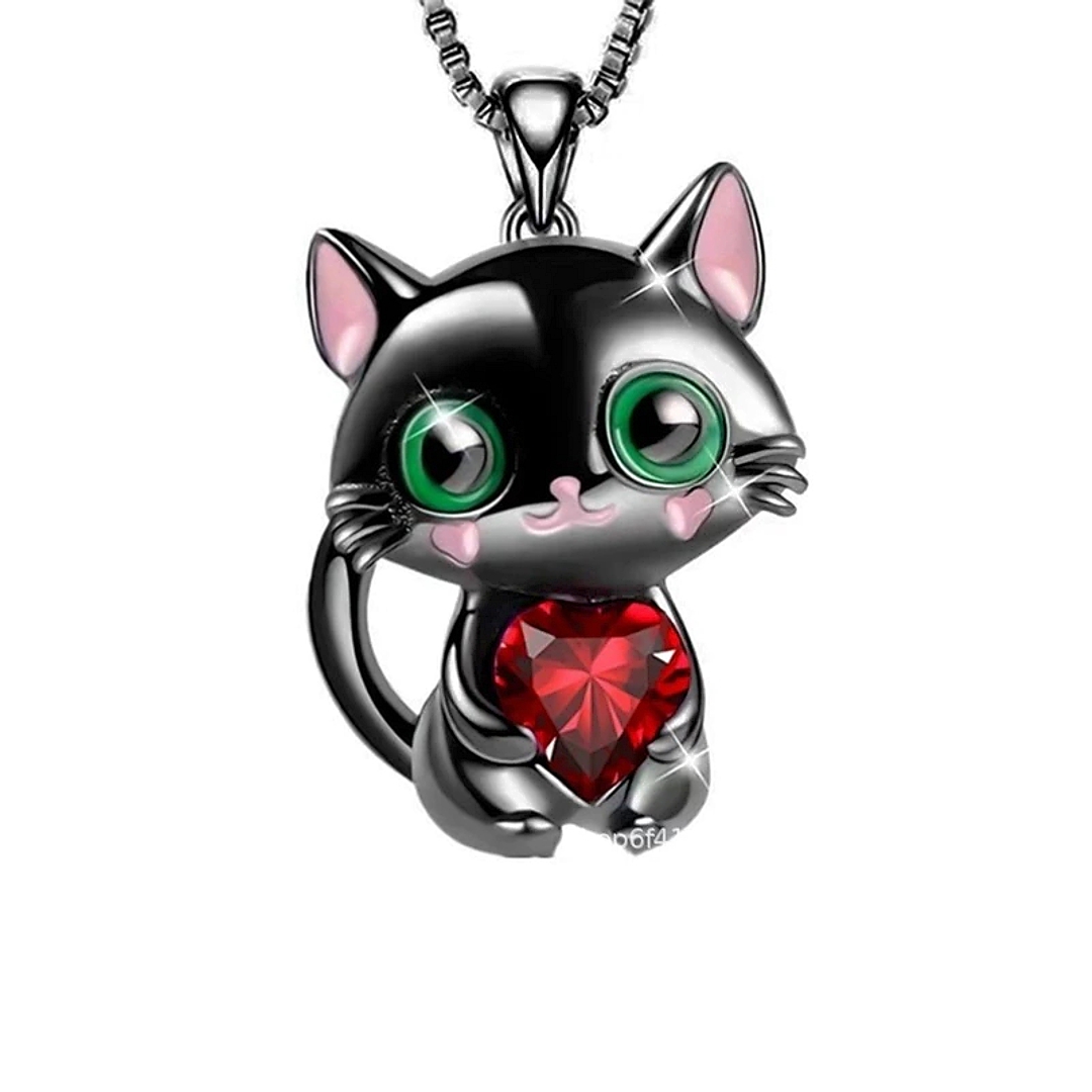 Fekete cica medál egy piros szivecskével és fekete anker lánccal (0361237AE11)