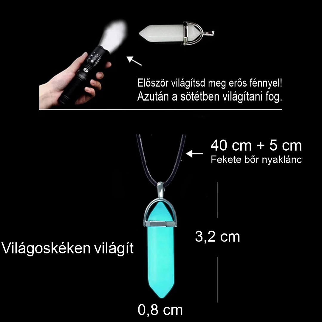 Világító ásvány medál PU bőr nyakláncon - világoskéken világít (0361250AE48)