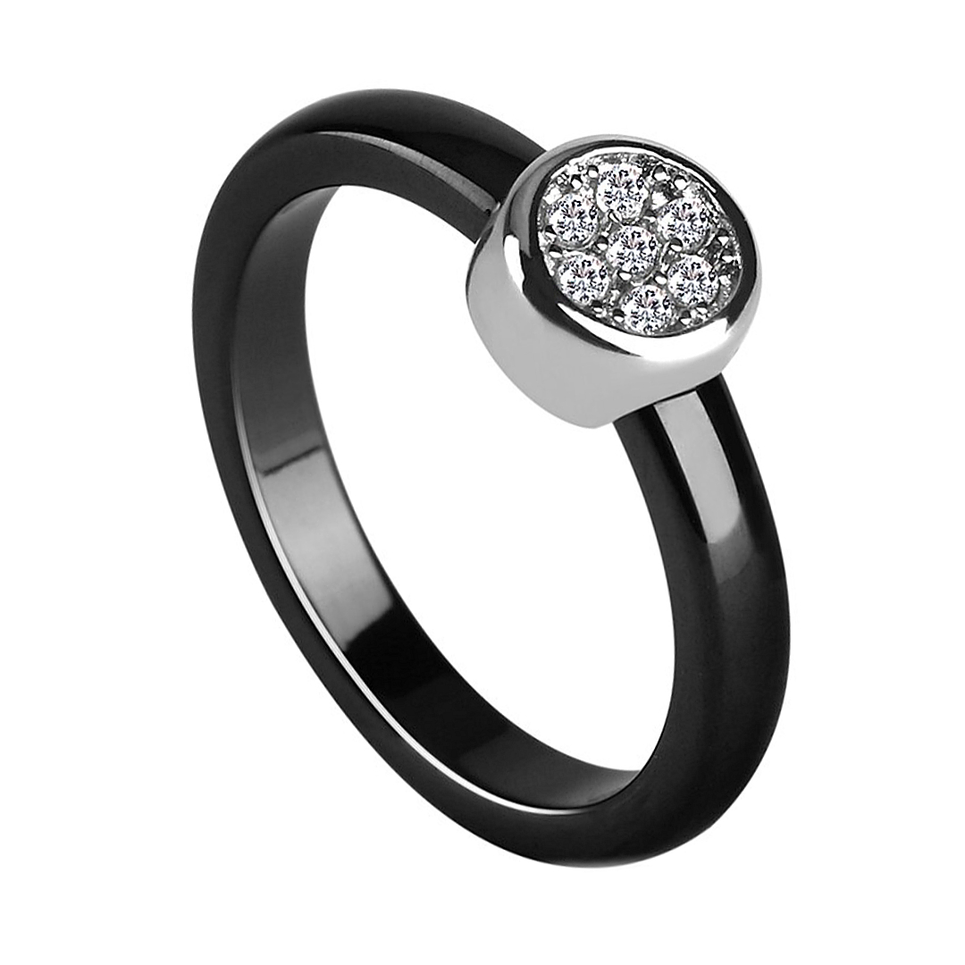 Fekete kerámia gyűrű kerek nemesacél fejrésszel és cirkónia drágakövekkel (3012030SC00)