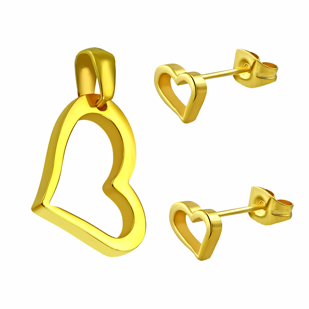 Szív alakú bedugós fülbevaló és medállal nemesacél ékszer kollekció arany bevonattal (3612009ST88)
