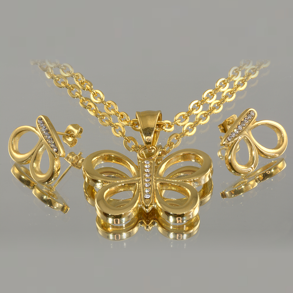 Cirkónia drágaköves pillangó formájú bedugós fülbevaló és nyaklánc medállal nemesacél ékszer kollekció arany bevonattal (3612014ST88)