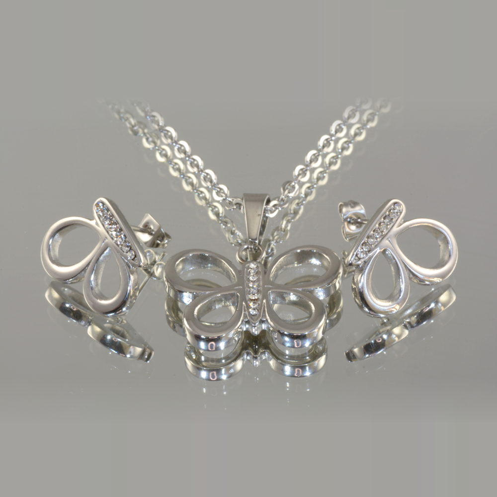 Cirkónia drágaköves pillangó alakú bedugós fülbevaló és nyaklánc medállal nemesacél ékszer kollekció (3612014ST97)