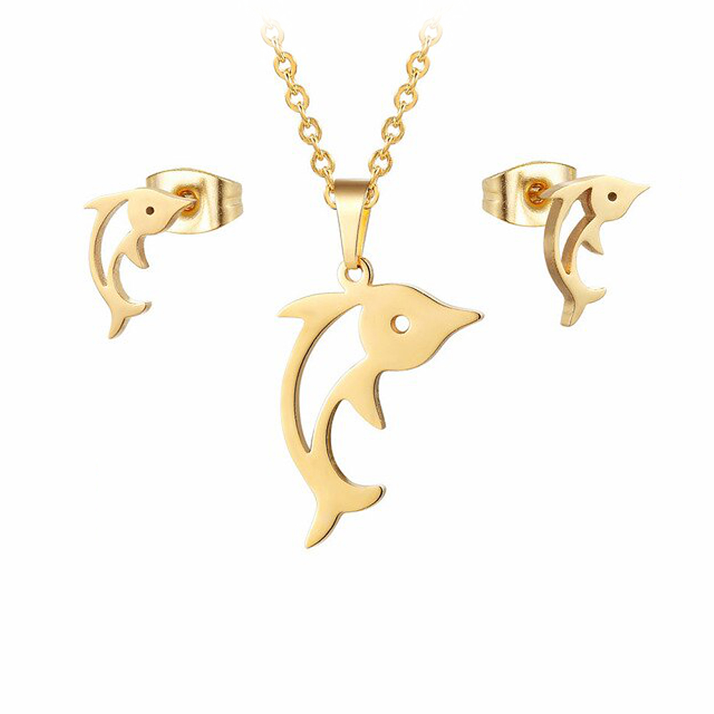 Delfin alakú bedugós fülbevaló és nyaklánc medállal nemesacél ékszer kollekció arany bevonattal (3612020ST88)