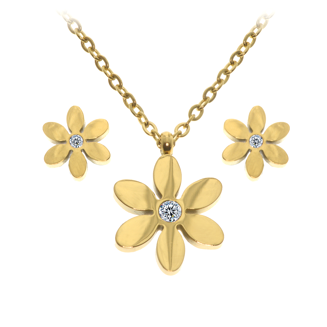 Virág alakú bedugós fülbevaló és nyaklánc medállal nemesacél ékszer kollekció arany bevonattal és cirkónia drágakövekkel (3612024ST00)