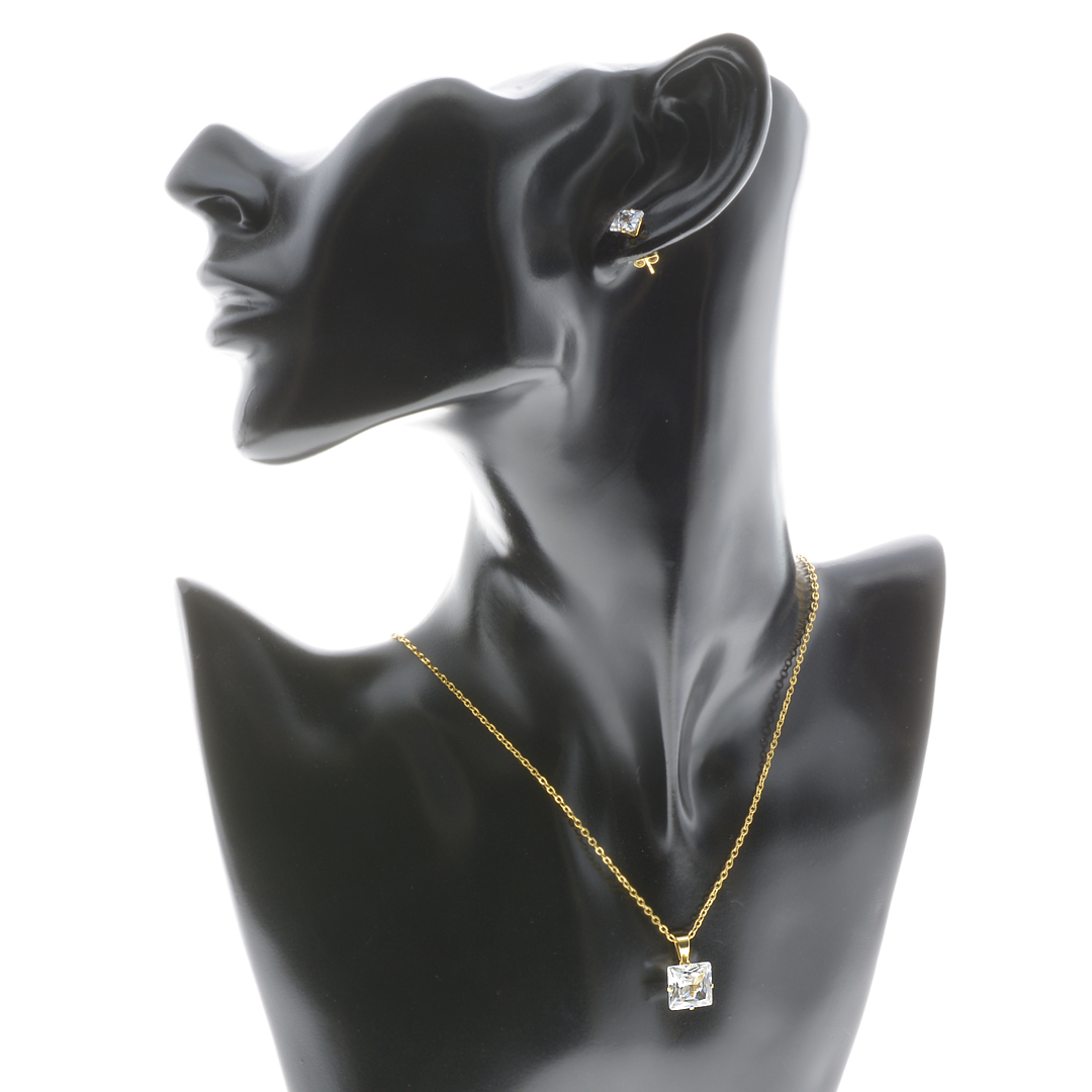 Négyzet alakú cirkónia drágaköves bedugós fülbevaló és nyaklánc medállal nemesacél ékszer kollekció arany bevonattal (3612028ST00)