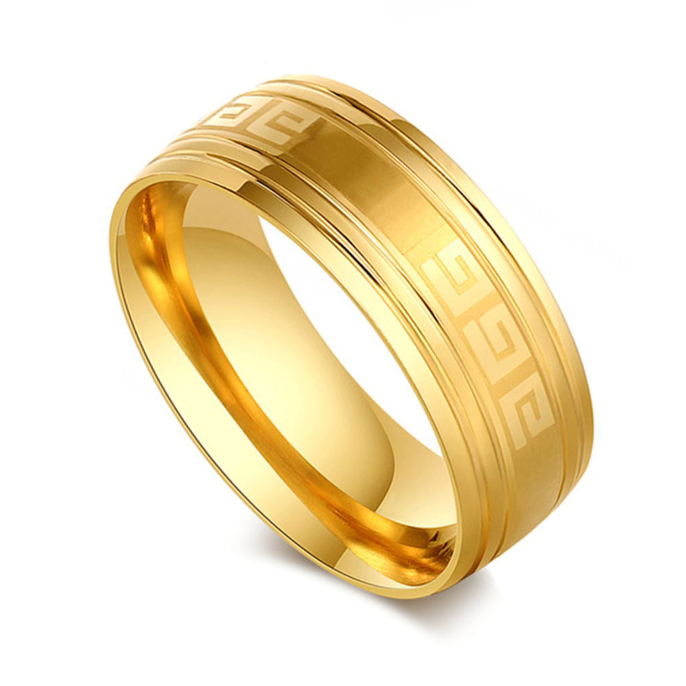 Arany bevonatú görög mintás nemesacél gyűrű két oldalsó sáv dísszel (4010021ST88)