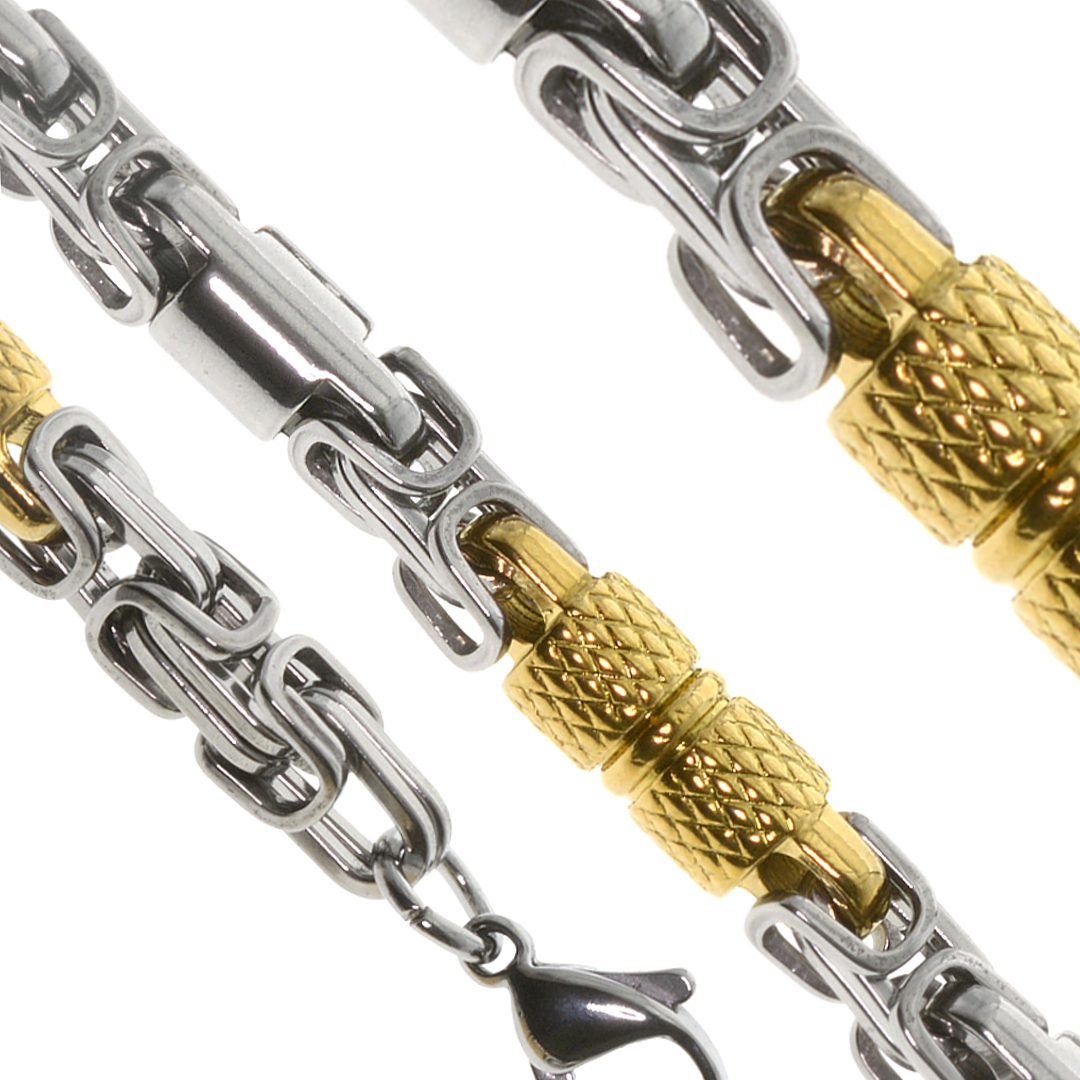 Nemesacél fancy nyaklánc királylánc láncszemekkel és arany bevonatú cirádás henger betétekkel - 6 mm (4310128ST88)