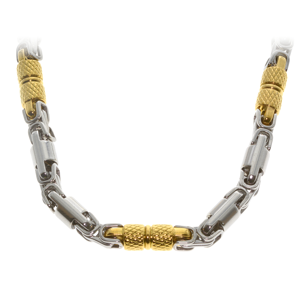 Nemesacél fancy nyaklánc királylánc láncszemekkel és arany bevonatú cirádás henger betétekkel (4310128ST88)