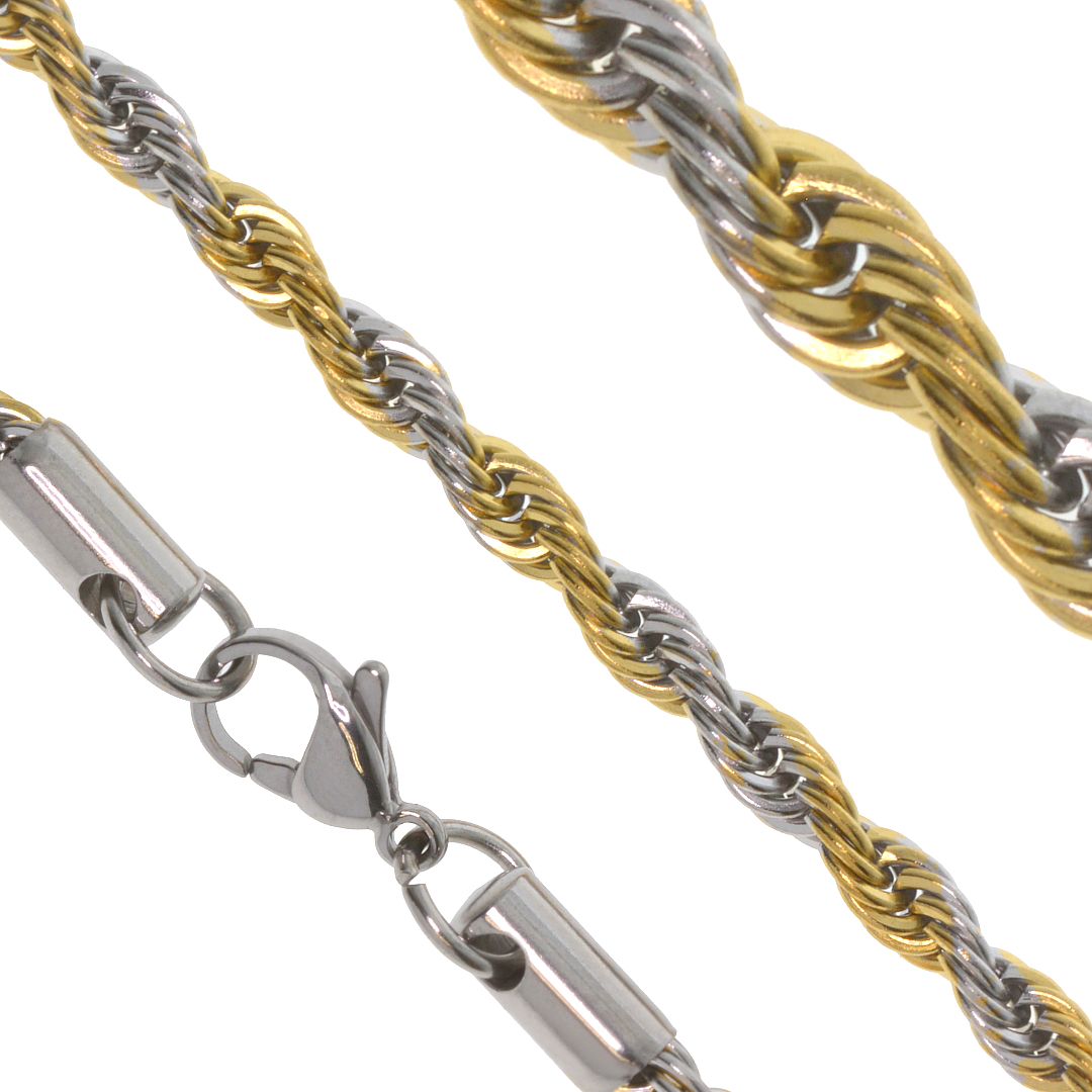 Részben arany bevonatú rope "kötél" típusú nemesacél nyaklánc - 4 mm (4310145ST88)