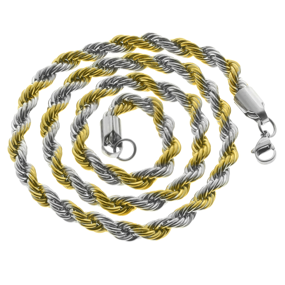 Részben arany bevonatú rope "kötél" típusú nemesacél nyaklánc - 6 mm (4310146ST88)