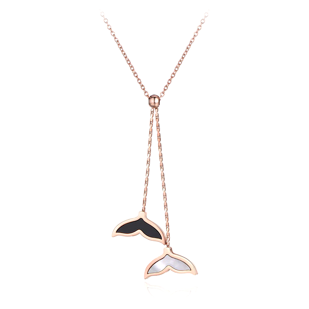 Rozé arany bevonatú nemesacél nyaklánc láncos csüngő fekete-fehér delfin uszony medállal (4310150ST96)