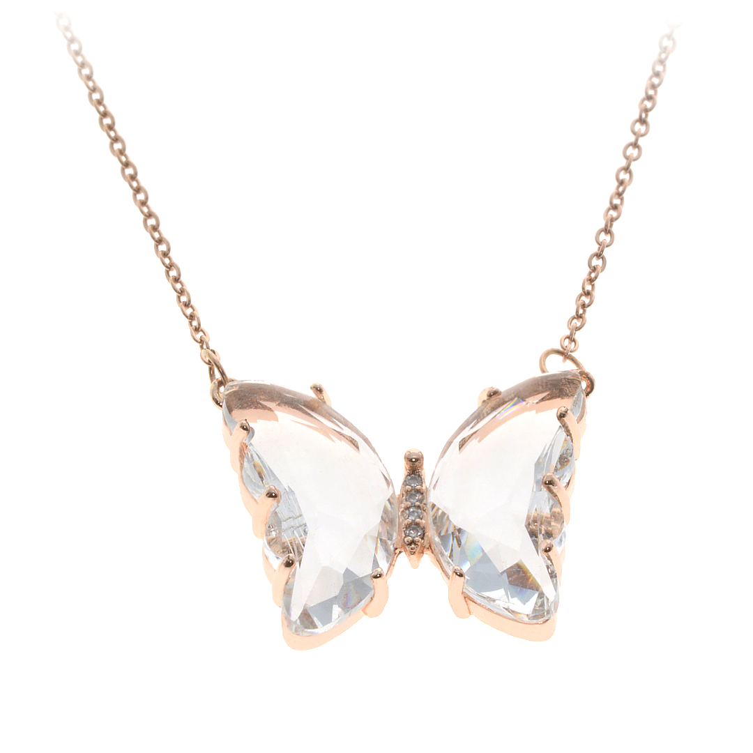 Rozé arany bevonatú nemesacél nyaklánc pillangó formájú medállal és gyönyörű kristályokkal (4312029ST96)