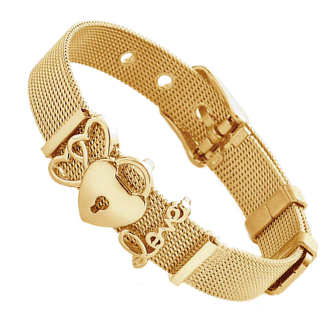 Milánói lánc arany bevonatú nemesacél karkötő óraszíj csattal és charmokkal (4410132ST88)
