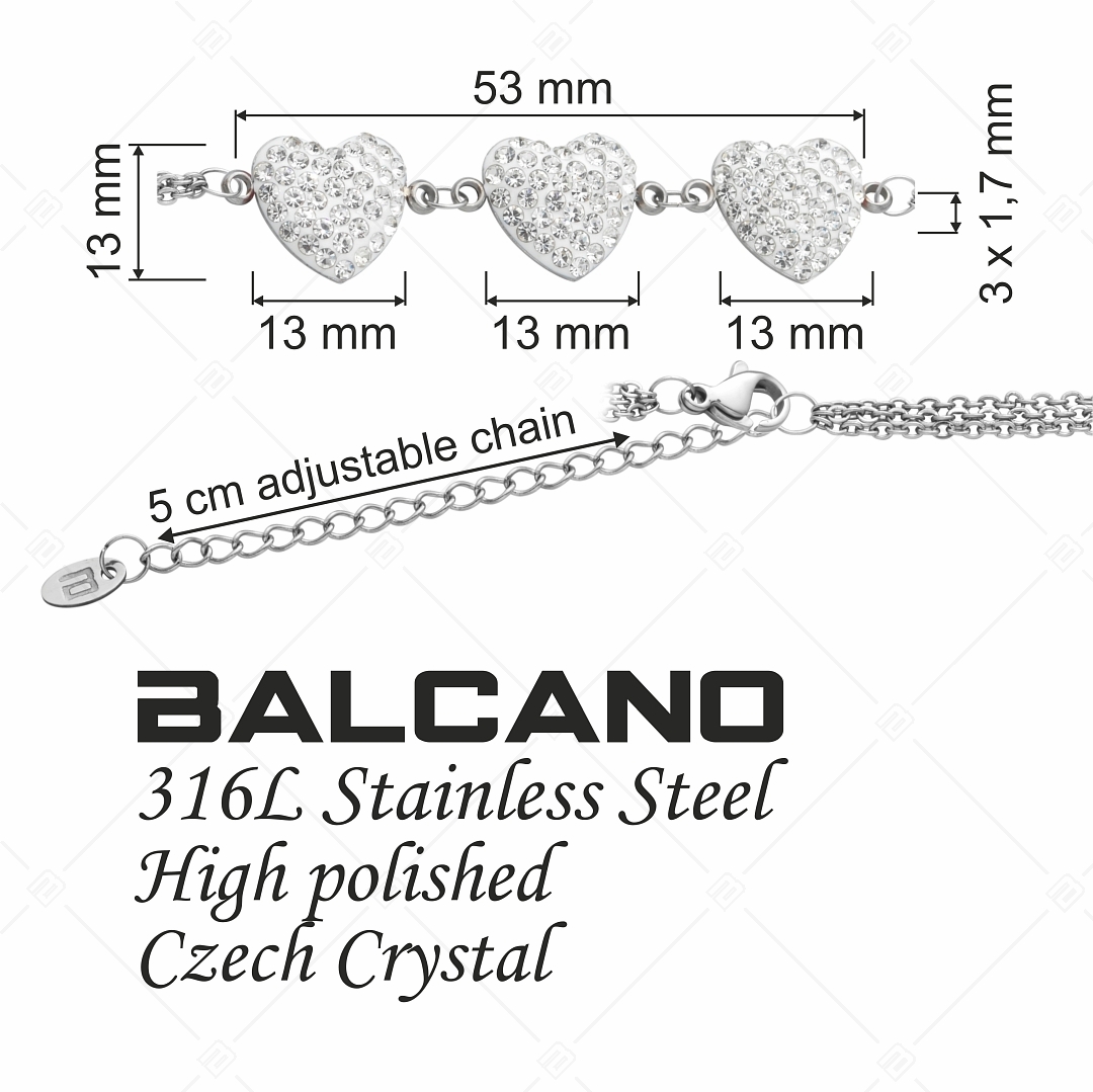 BALCANO - Cuore / Háromsoros nemesacél lánc karkötő szív alakú kristály charmokkal (E441005BC00)