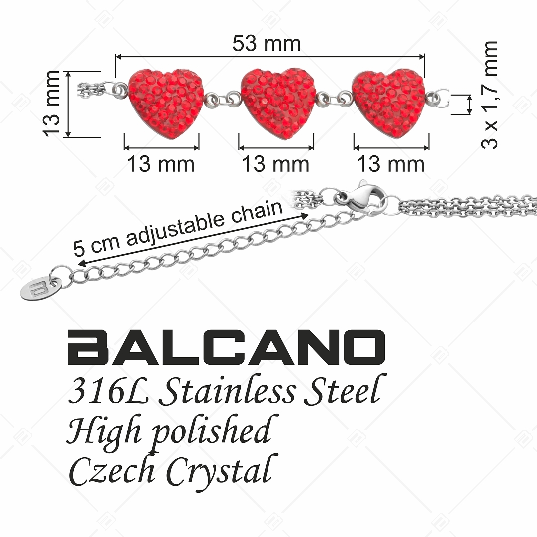 BALCANO - Cuore / Háromsoros nemesacél lánc karkötő szív alakú kristály charmokkal (E441005BC22)