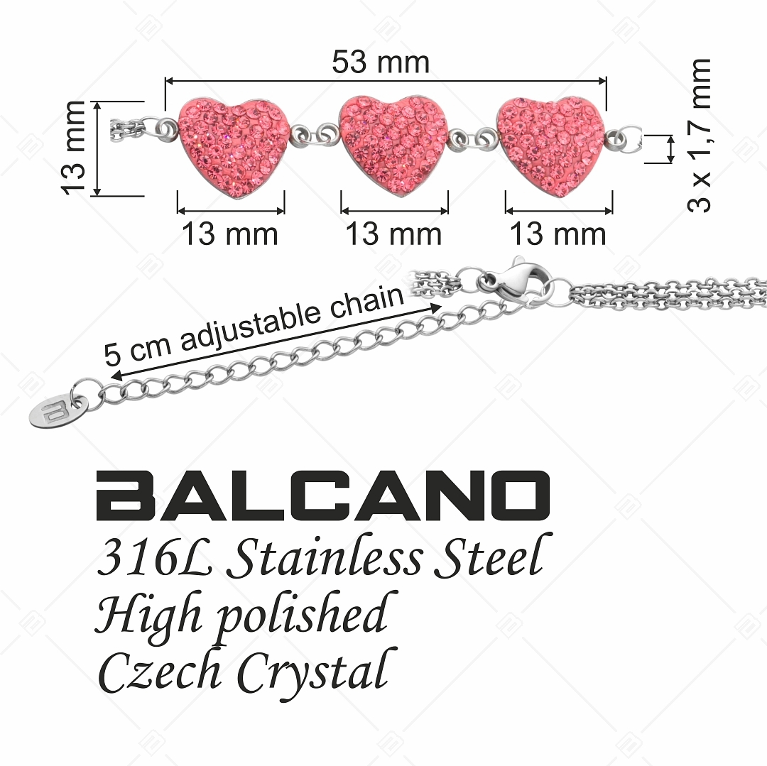 BALCANO - Cuore / Háromsoros nemesacél lánc karkötő szív alakú kristály charmokkal (E441005BC86)